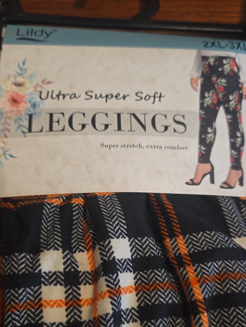 Lildy Ultra Super Soft Plaid Fleece Leggings - Black & Orange, 2 Pairs Black - Picture 2 of 5